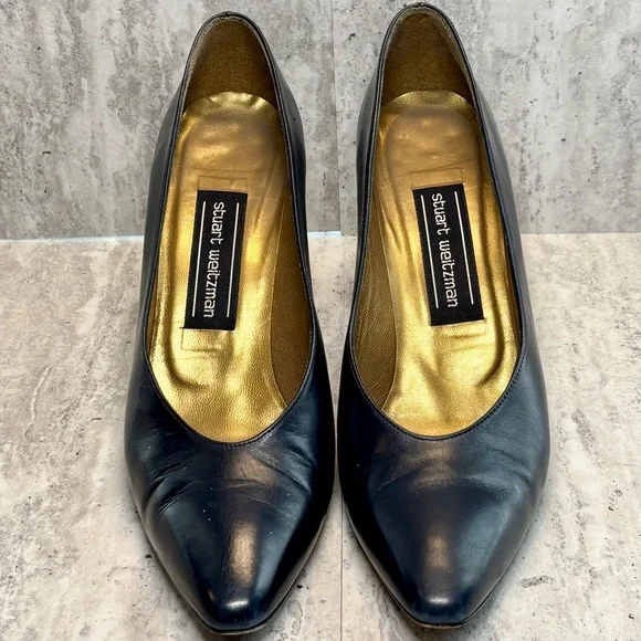 Stuart Weitzman Navy Blue Leather Heels Pumps Sz 7AA - Picture 5 of 9